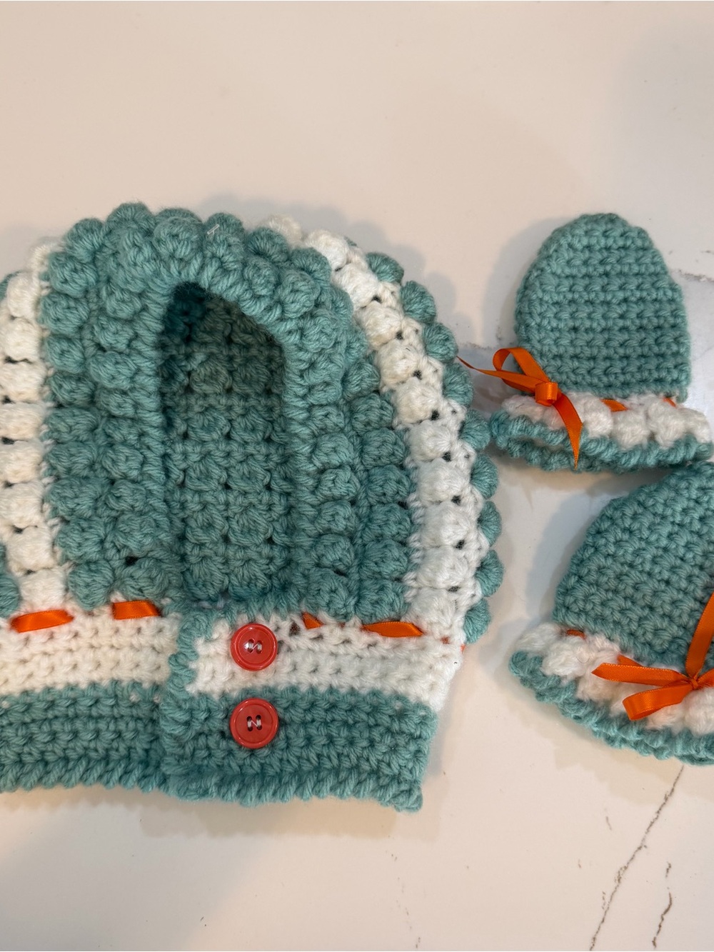 Handmade Teal and White Crochet Baby Hat & Mittens Set-vintage